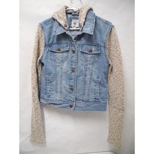 Billabong Womens Jacket M Denim Jean Mixed Media Knit Sleeves Removable Hood